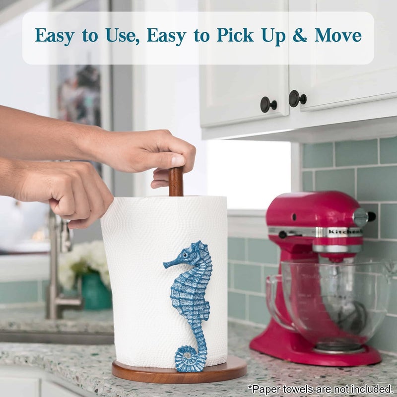 YLOVAN Seahorse Paper Towel Holder - Beach House Decor Unique Coastal Decor Seahorse Gifts for Women, Funny Cute Paper Towel Holder Stand Wood Kitchen Countertop Bathroom Decor Blue Coastal Kitchen - Image 4